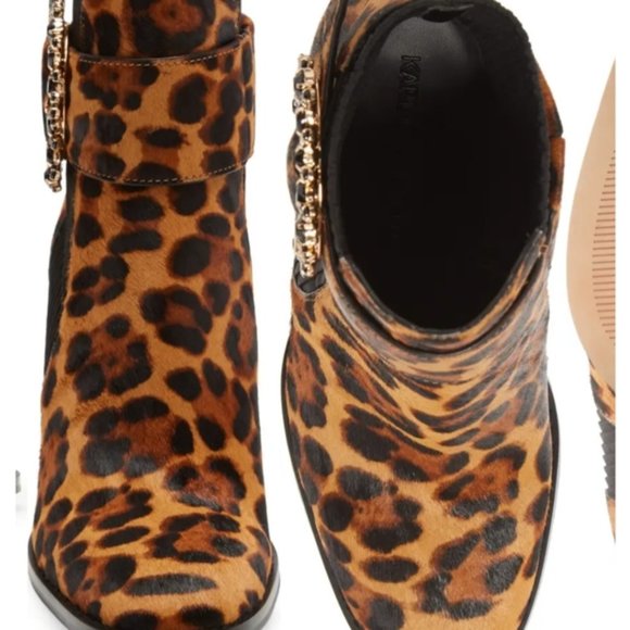 Karl Lagerfeld Vania Calf Hair Rhinestone Ankle Boots Animal High Heel Leopard - Picture 7 of 10